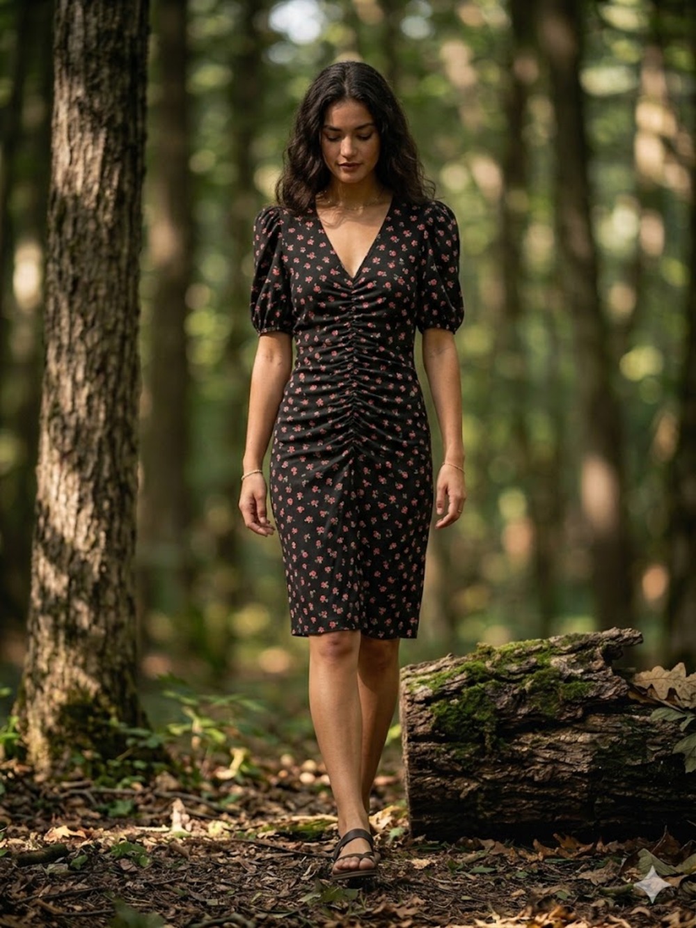 NWT Nordstrom Leith Ruched Floral Bodycon Mini Dress Black Red Puffed Sleeve S